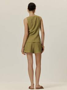 Poéselle Stylish V-Neck Top And Loose Shorts Set With Lace-Up Details - Perfect For Summer Daytime Outfits, V-Neck Summer Fashion, Women's Two-Piece Sets, Chic Lace-Up Detail Sets, Olive Green Attire, Casual Summer Sets