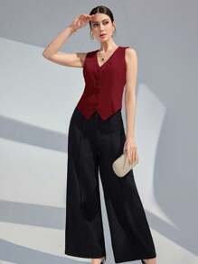 Modelyn Women's Solid Color Single-Breasted V-Neck Sleeveless Blazer In Fall/Winter - Burgundy - View 4