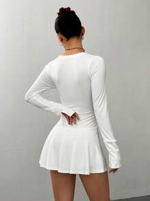 Flirla Vestido de punto casual de manga larga y cuello ancho con 3 botones, de unicolor, para mujer - Blanco - Ver 2