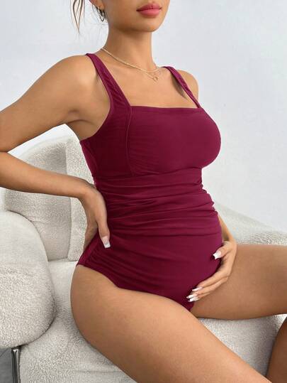 SHEIN Maternity Solid Color Wide Strap Minimalist Casual Cami Top & Panty Tankini Set, For Summer Beach Vacation