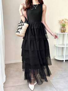 FRIFUL Vestido negro largo y entallado de malla con silueta A, vestido de fiesta, vestido de invitada para bodas, conjunto formal de vacaciones para mujer, vestido de verano elegante