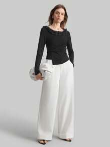 Ontre Damen Schwarze Langarm Strick Bluse mit floraler Verzierung und Rückenausschnitt, Sommer Damen Frühling Oberteile Langarm Damen Tops