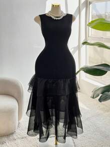 Flirla Plus Size Chiffon Sexy Round Neck Sleeveless Ruffle Hem Fish Tail Dress Elegant Exquisite - Black - View 1