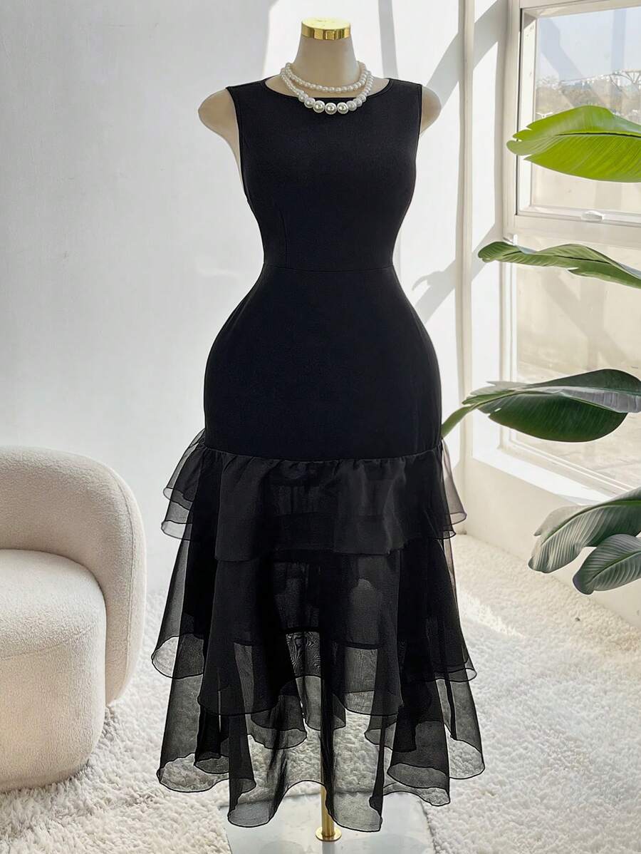 Flirla Plus Size Chiffon Sexy Round Neck Sleeveless Ruffle Hem Fish Tail Dress Elegant Exquisite - Black - View 1