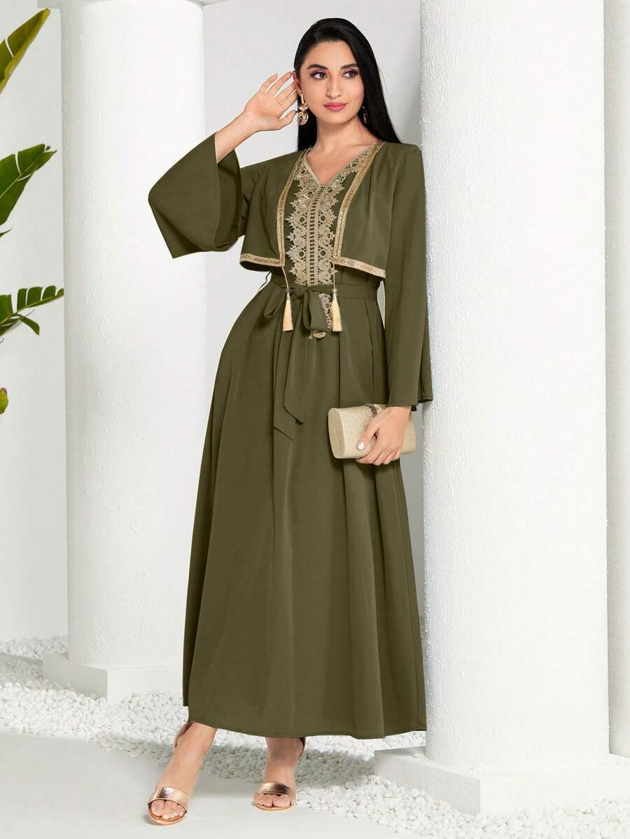 Modelyn Women Elegant Lace Patchwork Flare Sleeve Dress,Modest - Army Green - View 1