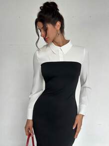 SHEIN Privé Nieuwe zwarte, getailleerde lange jurk met kleurblok en revers voor dames met split, elegante/werk/zakelijk/dagelijks/casual/vakantie/lerarendagoutfit
