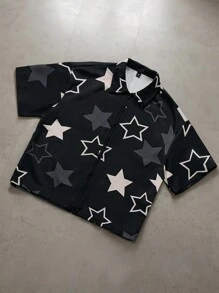 Manfinity EMRG Camisa casual de manga corta con cuello con cremallera y estampado de estrellas para hombre