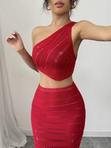 Elenzga 2pcs Women Set: Solid Color Asymmetric Sleeveless Top & Skirt Knitted Sweater