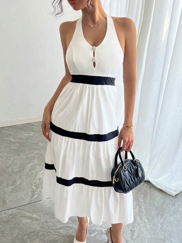 Bodycon Party Striped Color Block Hollow-Out Rhinestone Decor Spaghetti Strap Backless Maxi A-Line Dress With Cinched Waist For Women Prom Dress,Casual Women Dresses