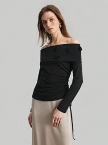 Ontre 女式黑色长袖露肩衬衫，带 3D 玫瑰花图案，夏季女士春季上衣，长袖女士上衣 - 黑色 - 查看 3