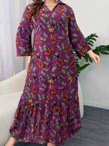 Mulvari 大码蝴蝶印花前扣优雅长袖阿拉伯风格连衣裙，端庄 - 中紫紅色 - 查看 1