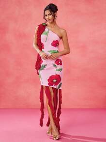 BELANGE HANDMADE Designer Pink And Red Floral Print Asymmetrical Neck Ruffles 3D Flowers Asymmetrical Hem Ruched Mini Dress, Festival, Concert Outfit, Rave, Pastel, Prom Dress