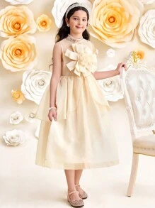 SHEIN Tween-Mädchen Elegantes Organza-Kleid mit Blumenmuster, Stehkragen und doppellagigem Saum aus Jacquard - Aprikosenfarben - Übersicht 9
