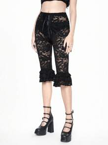 ROMWE Goth Leggings transparentes con cordones y lazos en estilo romántico, de encaje, con capas, para mujer, color negro, en estilo gótico y natural - Negro - Ver 5