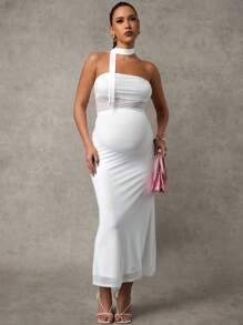 MaterniChic Maternity 2pcs Set: Solid Color Adjustable Waist Bandeau Top And Fish Tail Hem Skirt