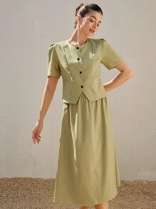 Aveloria EMERY ROSE Women 2 Pieces Set - Loose Fit Round Neck Puff Sleeve Top + High-Waist A-Line Midi Skirt, Commuting Chic Style Old Money Style For Summer - Green - View 5