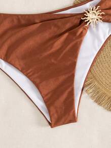 Swim Vcay Set de 2 bikinis tipo bandeau de unicolor con decoración metálica elegante y tela brillante, para playa y vacaciones de verano