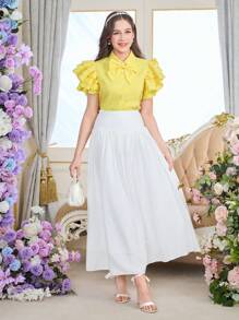 Blusa casual suelta con mangas campana y con capa de gasa amarilla elegante para adolescentes - Amarillo - Ver 4