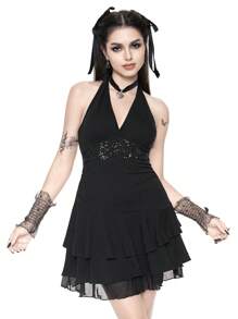 ROMWE Goth Vestido mini con borde con volantes, bordado con lentejuelas y diseño floral con tótem en negro