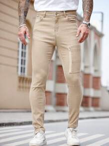 Manfinity Homme Men's Slim Fit Khaki Zip-Up Skinny Jeans - Khaki - View 4