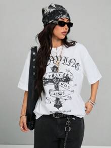 Coolane Camiseta blanca de corte oversize con estampado vintage grunge para mujer primavera verano