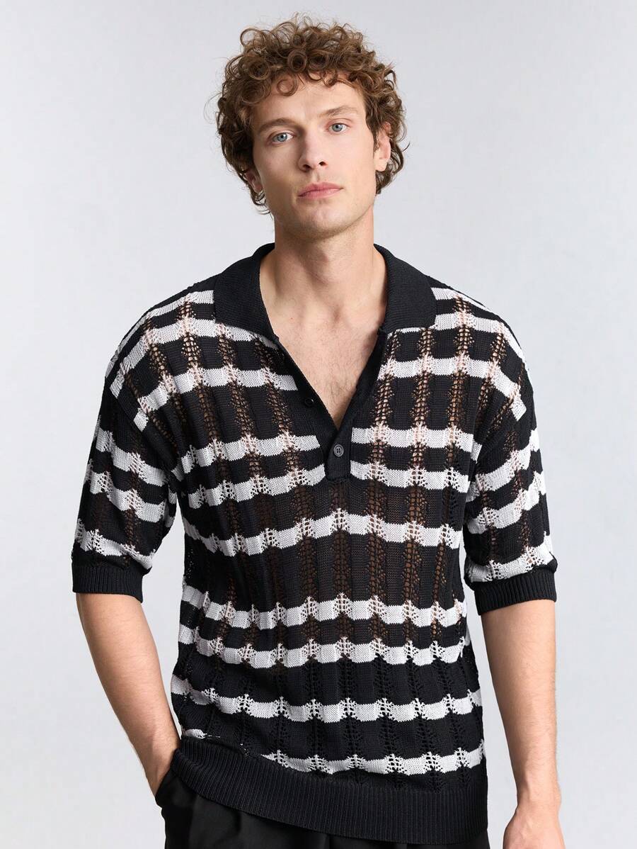 Ontre Men's Front Button Short Sleeve Striped Casual Knit Top - Multicolor - View 1
