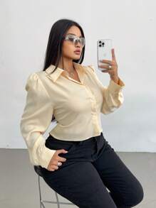 Flirla Apricot Pleated Long Sleeve Tie-Front Shirt, Minimalist Fashion Casual For Daily Wear - Apricot - View 4