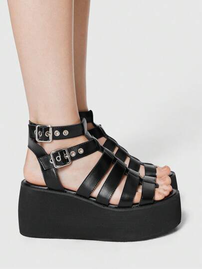 Goth Women's Buckle Roman Sandals, Round Toe Thick Bottom Wedge High Heel Roman Sandals, PU Material Black Sandals Suitable For Graduation, Photo Shoot, Casual Wear