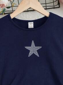 SHEIN Teen Girls' Solid Color Short Sleeve Star Rhinestone Pleated Dress
