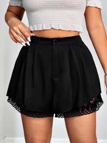 SHEIN Clasi Plus Size Solid Color Front Button Hollow Splice Simple Casual Shorts - Black - View 4