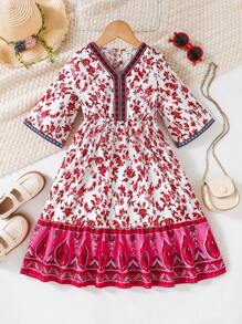 Girls Ramadan Ditsy Floral V-Neck Patchwork Long Dress/Maxi Gown, Suitable For Spring/Summer Holiday - Multicolor - View 9