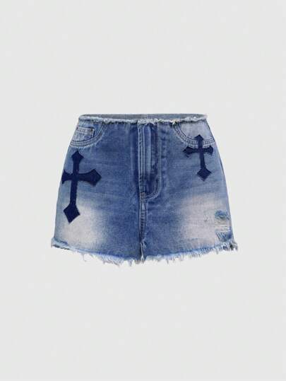 Grunge Punk سروال جينز قصير للسيدات مطرز بالصليب