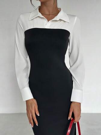 SHEIN Privé Women's New Black Trim Colorblock Lapel Fitted Long Dress With Slit, Elegant/Work/Business/Daily/Casual/Vacation/Teacher's Day Outfit