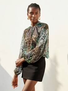 Aveloria Modichic Vintage & Elegant Asymmetric Animal Print Colorful Chiffon Sheer Sexy Fabric Bowknot Loose Puff Sleeve Women Blouse Fall Cloth For Women - Multicolor - View 3