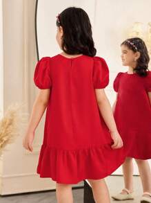 SHEIN Young Girl Woven Solid Color Round Neck Puff Sleeve Fitted Dress - Red - View 6
