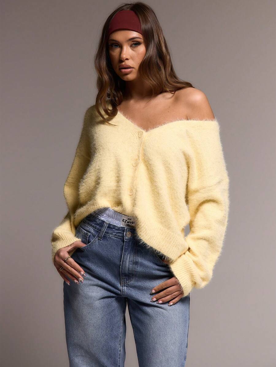 MUSERA Button Up Mohair Knit Cardigan Spring Casual Brunch Airport Holiday Oversized Fall Back To School Autumn Winter Everyday  Work Office  Chic Spring Easter - Yellow - View 1