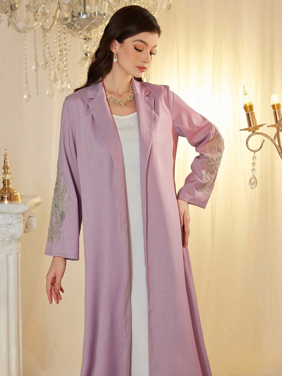 Al Najma Elegant Long Sleeve Casual Embroidered Studded Blazer Abayas - Pink - View 1