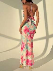 Aloruh Đầm bodycon dự tiệc bãi biển in hoa màu hồng thanh lịch có cổ khoét sâu, nơ hở lưng - Hồng - Xem 3