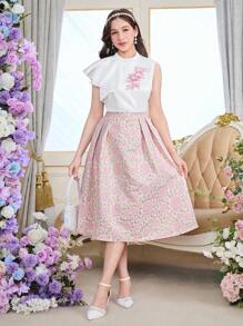 SHEIN 2 件套青少年女孩优雅小立领不对称荷叶边袖衬衫 + 3D 花卉纹理提花裙公主裙套装 - 彩色 - 查看 5