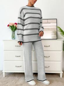 Women Black And Beige Stripes Soft Touch Cozy Sweater Set Sets - Light Grey - View 3