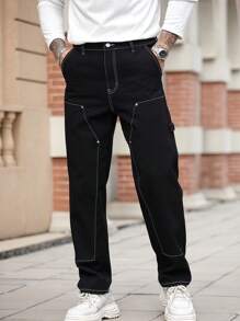 Manfinity Homme Men's Black Skinny Straight Leg Jeans, Minimalist Casual For Everyday Wear