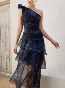 Femmeiva Elegant French Black Floral Chiffon Dress For Summer Wedding, Asymmetrical Layered Cinched Waist One Shoulder High-End Sophisticated Style - Multicolor - View 4