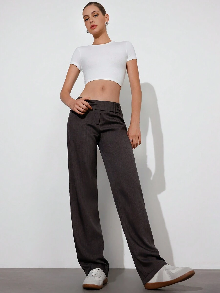 Femmeiva Women's Retro Oversized Waist Low-Rise Flared Leg Long Pants Fall Cloth For Women - Dark Grey - View 1