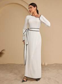 Graceveil Women Round Neck Pullover Modest Belted Arabic Style Dress For Daily Wear