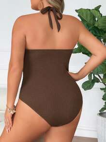 SHEIN CURVE+ Plus Size Women's Summer Swimsuit, Special Fabric Slimming Ruched Halter Neck One-Piece Swimsuit With Gold Metallic Trim - Coffee Brown - View 2