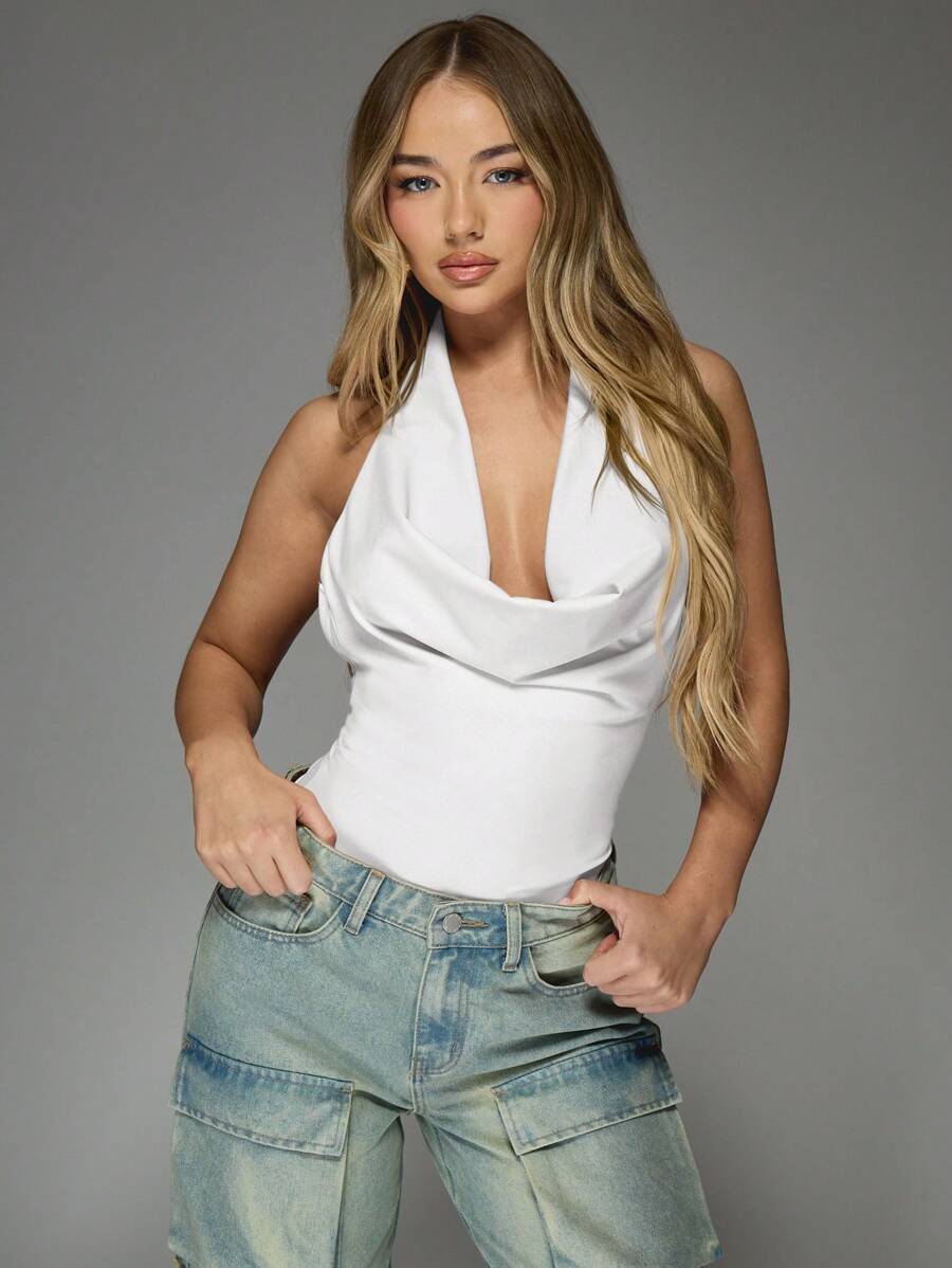 MISSGUIDED Elegant Cowl Neck Sleeveless Bodysuit Party Club Night Out Date Evening Formal Special Occasion Slinky Summer Spring - White - View 1