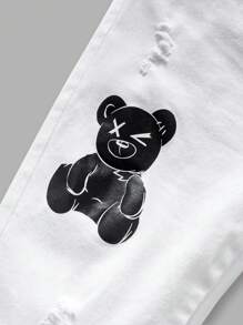 Teenager Boys' Slim Fit White Distressed Washed Denim Jeans With English Text & Bear Graphic Print, Casual & Fashionable For Daily Wear - White - View 4