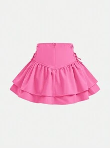SHEIN Girlism 女童休闲双层半身裙，荷叶边裙摆，侧边系带，适合秋冬季日常休闲穿着及上学，可与妈妈和女儿、姐妹穿着。 - 粉色 - 查看 2