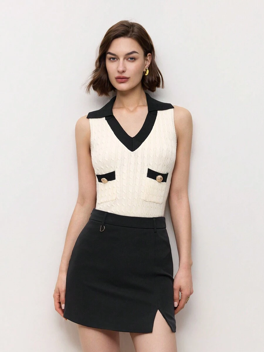 BizChic 卡其色无袖针织背心女款，黑色 V 领条纹纹理春夏毛衣背心 - 卡其色 - 查看 1