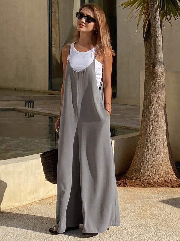 Livesso Women's Solid Color Pocket Casual Loose Jumpsuit